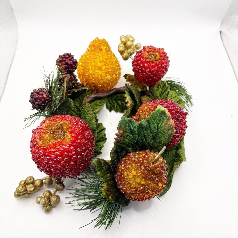 Vintage Beaded Frosted Fruit Candle Ring Christmas Decor Sparkling Holidays